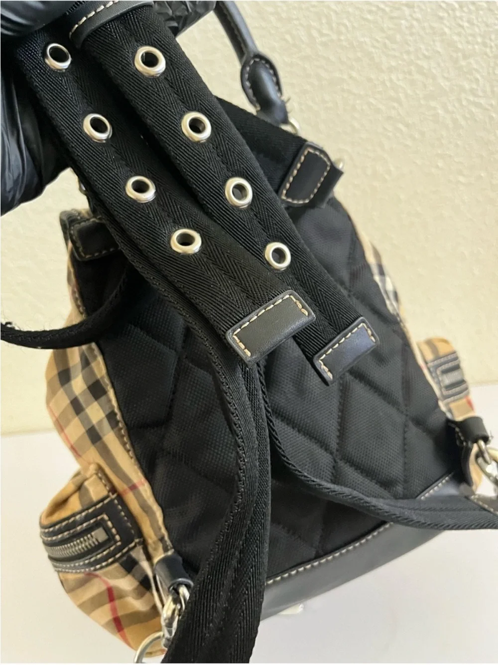 Burberry Nova Check Backpack with black trim and top handle excellent condition